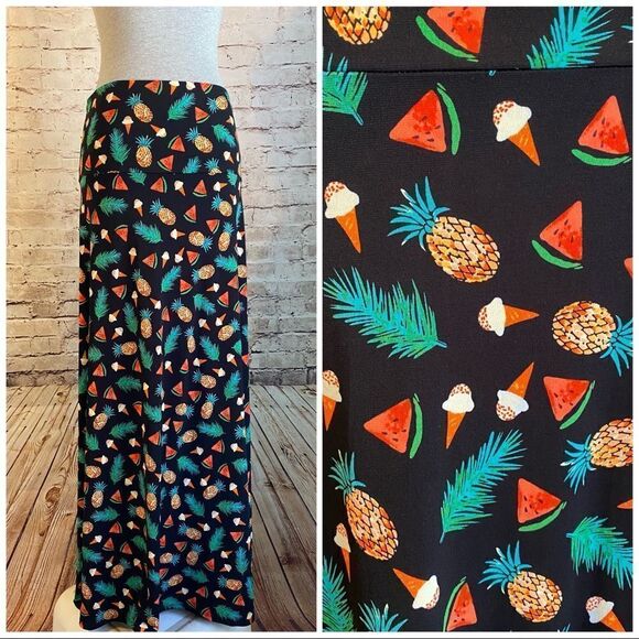 LuLaRoe Maxi Skirt Tropical Black Ice Cream Pineapple Watermelon Small - Picture 1 of 4